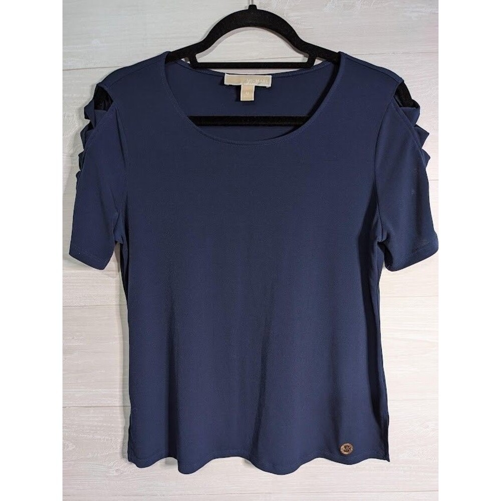 Michael Kors Navy Blue Cold Shoulder Top M Lattice Sleeve Logo Charm RARE Chic